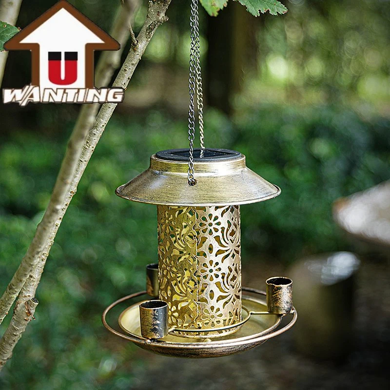 Garden Outdoor Hanging Bird Feeding Apparatus Metal Colorful Device with Solar Light