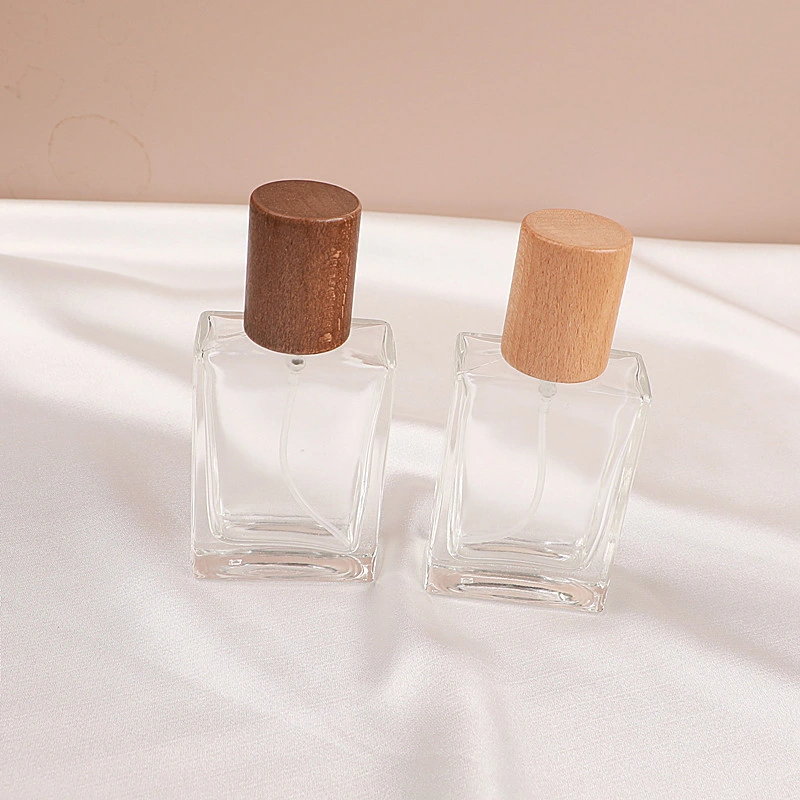 30ml Portable Clear Thick Glass Perfume Spray Bottle Cosmetics Container with Wooden Cap