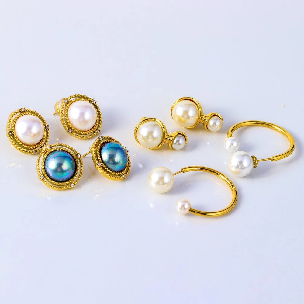 Fashion Gold Plated Stud Earrings Jewelry Women's Stainless Steel Double Freshwater Imitation Pearl Earrings