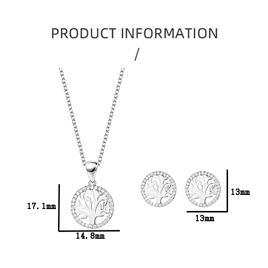 925 Sterling Silver Simple Glossy Tree of Life Earrings Necklace Jewelry Set