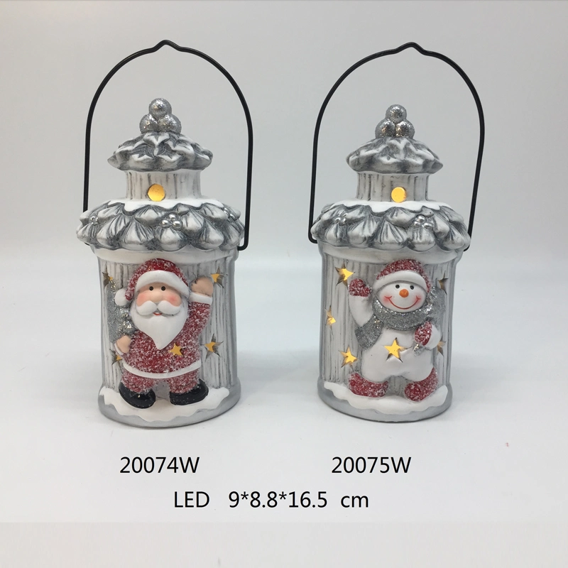 Handling Ceramic Santa&Snowman Assortment Storm Lantern, LED Night Light Lamp for Christmas Decoration