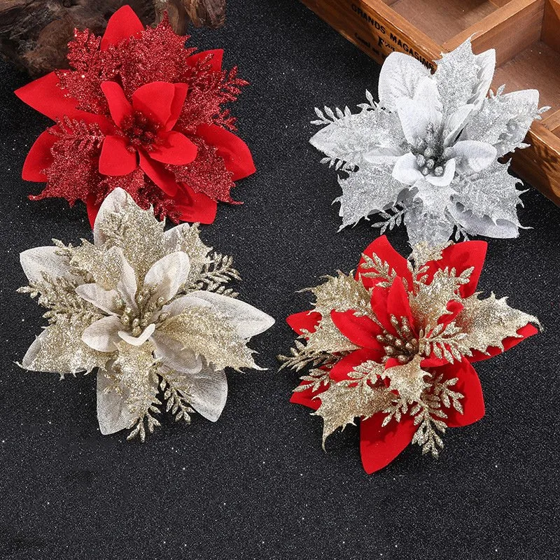 OEM/ODM Arrangement Christmas Tree Decorations Accessories 14cm Gold Silver Flower Head for Home Decoration