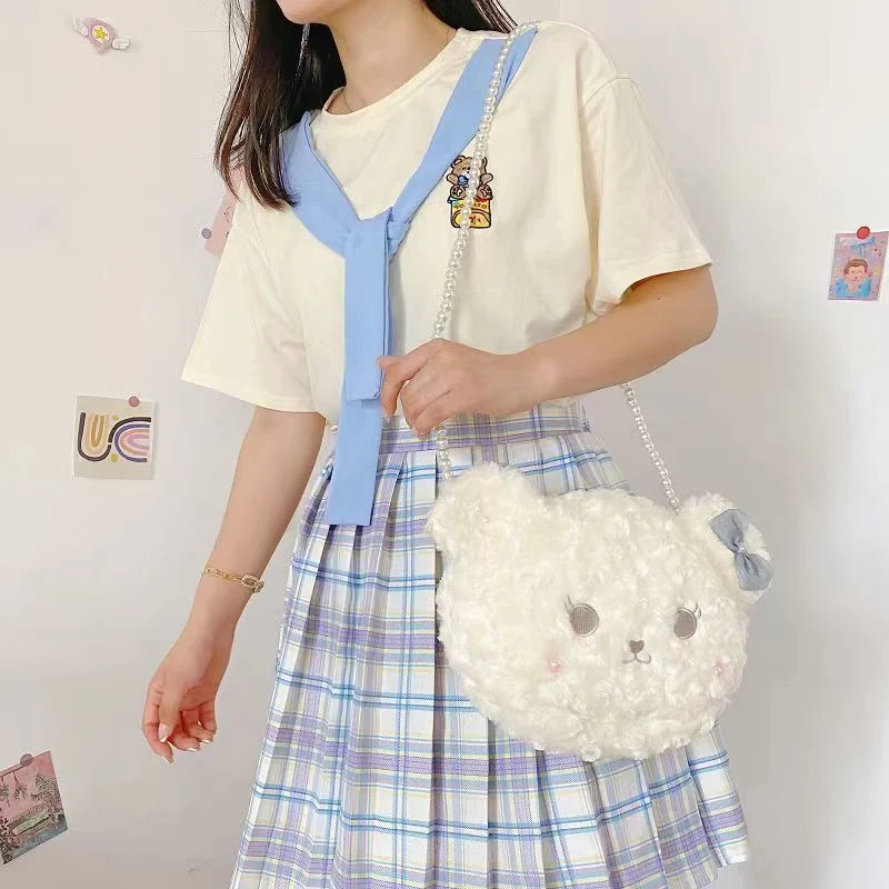 Saco de boneca urso de pelúcia Chefe Crossbody Bag da Bonitinha Saco de peles Lolita Pearl Cadeia Hoteleira Bear Bag