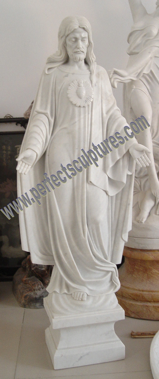 Religious Sculpture Life Size White Marble Sacred Heart Jesus Christ Statue with Cross (SY-X1105)