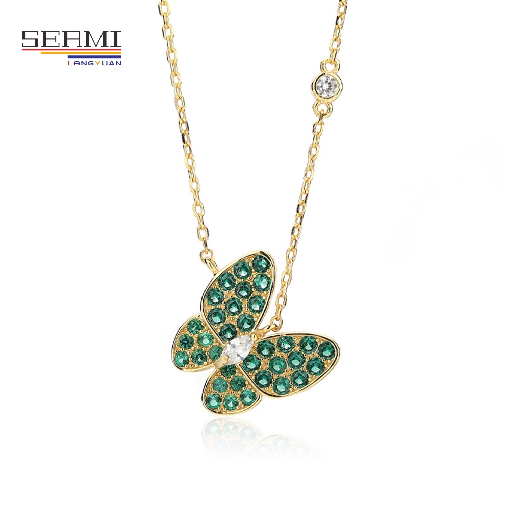 Korean Fashion Green Stone Butterfly Ladies Pendant Necklace Silver 925