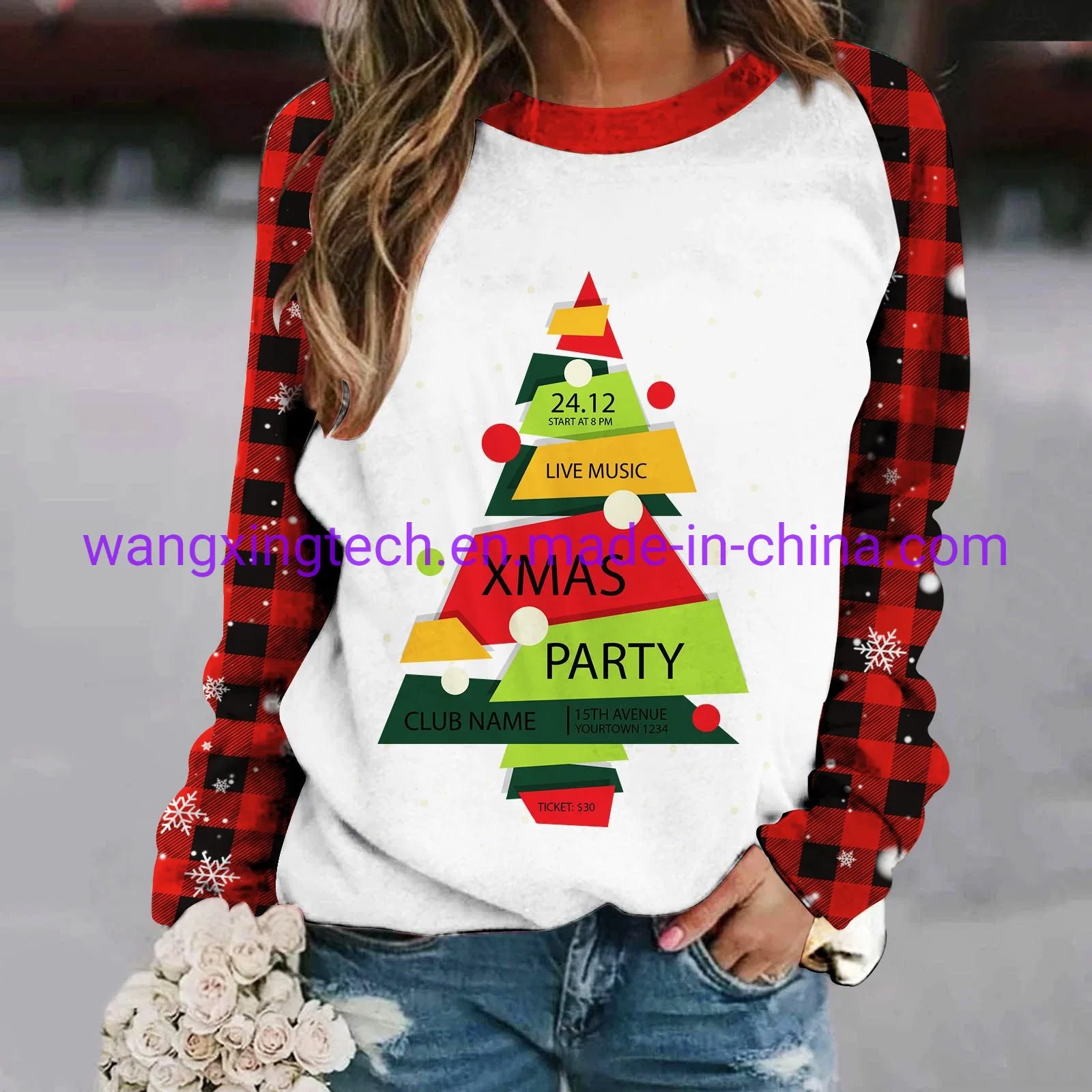 Mayorista 2022 Otoño Nuevo Digital impresión de Navidad Cartoon patrón Plaid Sudadera de cuello redondo para mujer