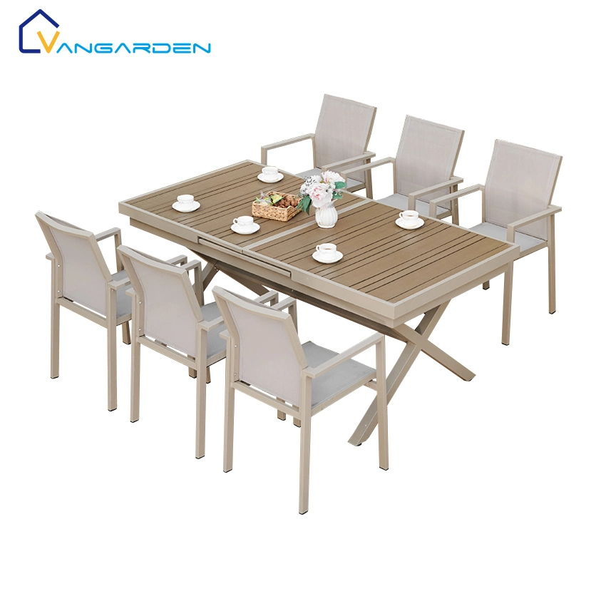 Vangarden Weatherproof Modern Aluminum Plastic Wood Outdoor Furniture Extendable Table and Chairs