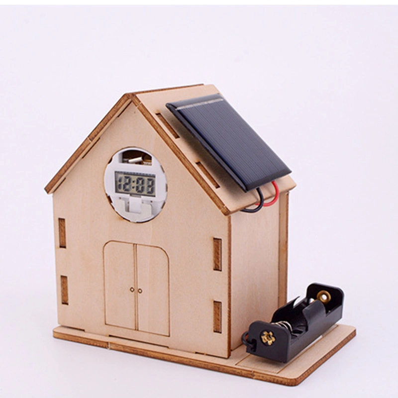 Solar Powered DIY Clock Cabin Stem Toy Wooden Crafts