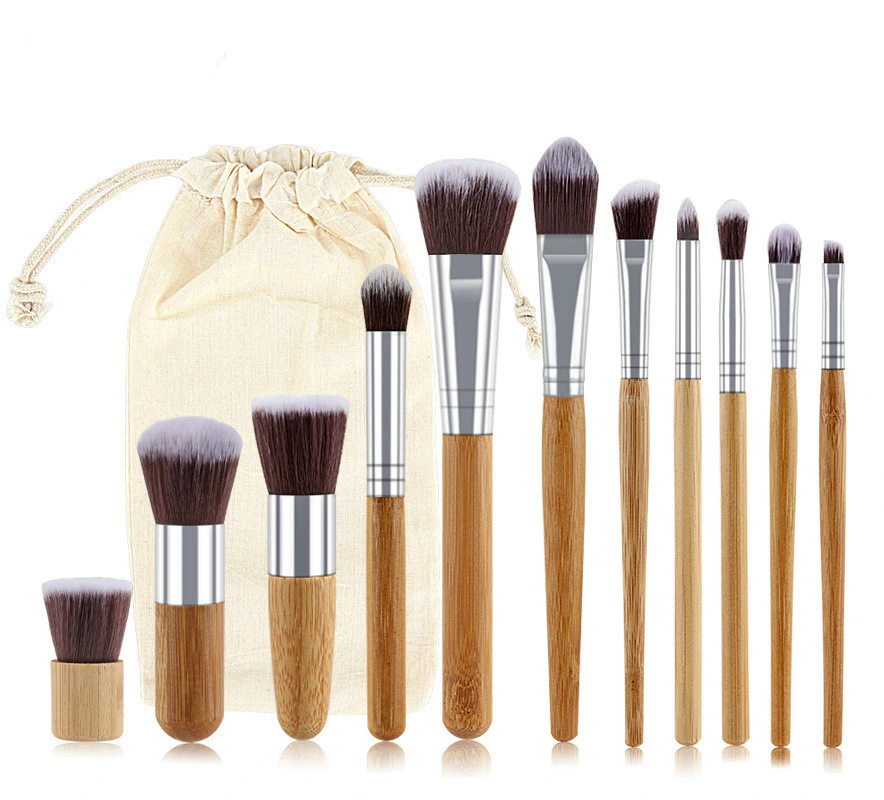 Banheira 11PCS bambu natural lidar com Espelho Conjunto de Escovas de Alta Qualidade Blend Fundação Cosmetic compõem o conjunto de ferramentas com saco de algodão