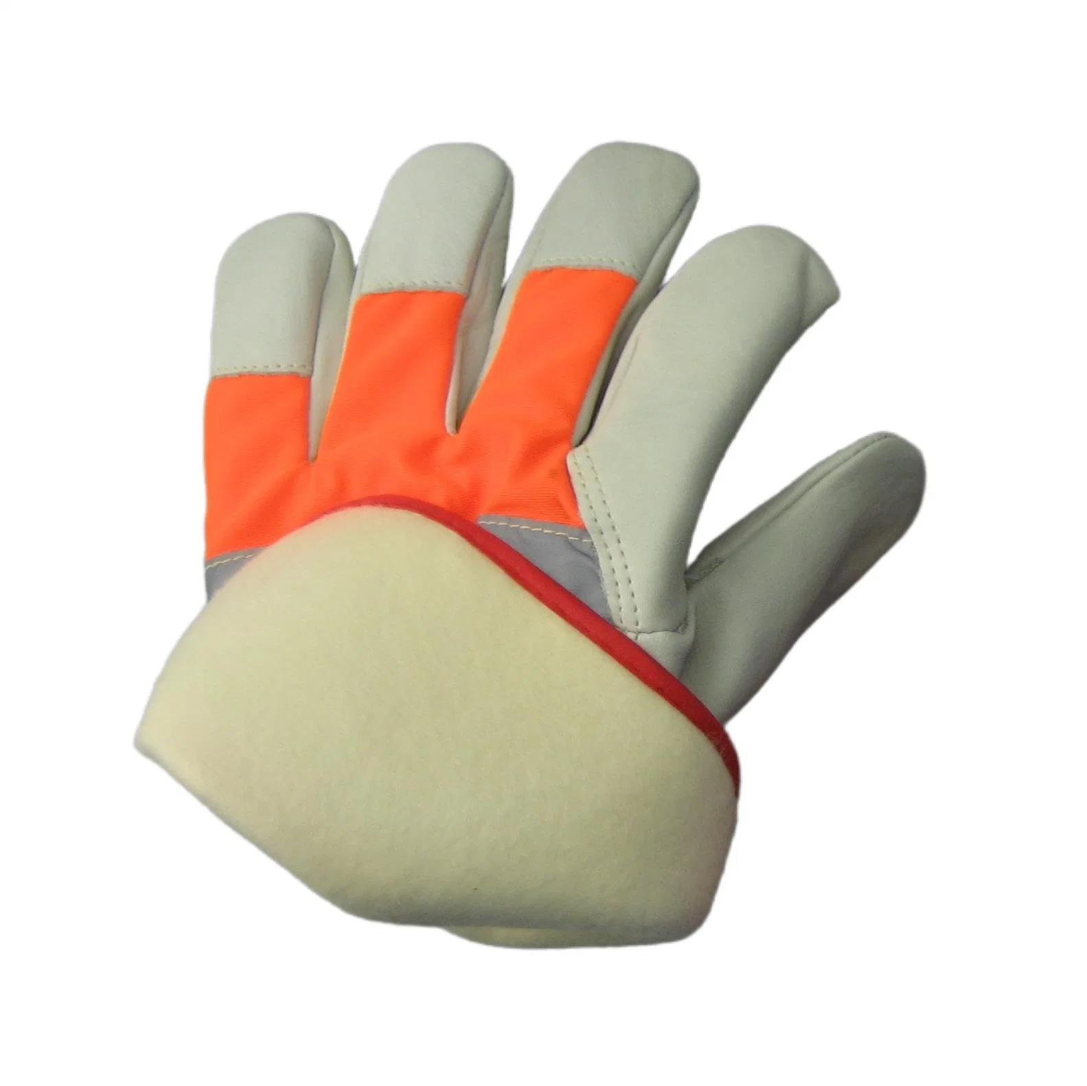 Cow Grain Leather Fluorescent Cloth Knuckle Strap Fully Lined Labor Work Gloves