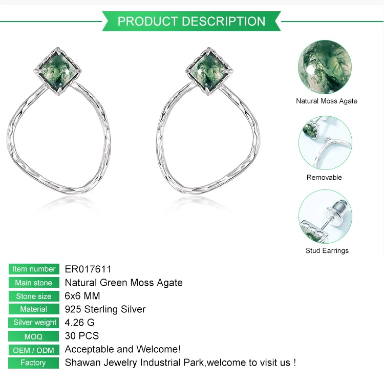 Personalisierte Silber 925 Hoop-Nieten Ohrringe Modeschmuck Grünes Moos Achat Crystal HipHop Geschenke für sie