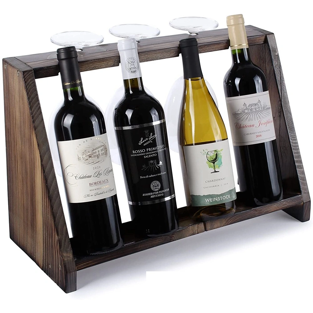 Wood Storage Rack Dining Room Torched Countertop Wine Bottle & Glass Holder