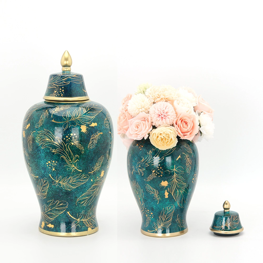 J061 European Style Ceramic Gold Feather Flower Jar Luxury Porcelain Decorative Green Ginger Jar Decoration for Home