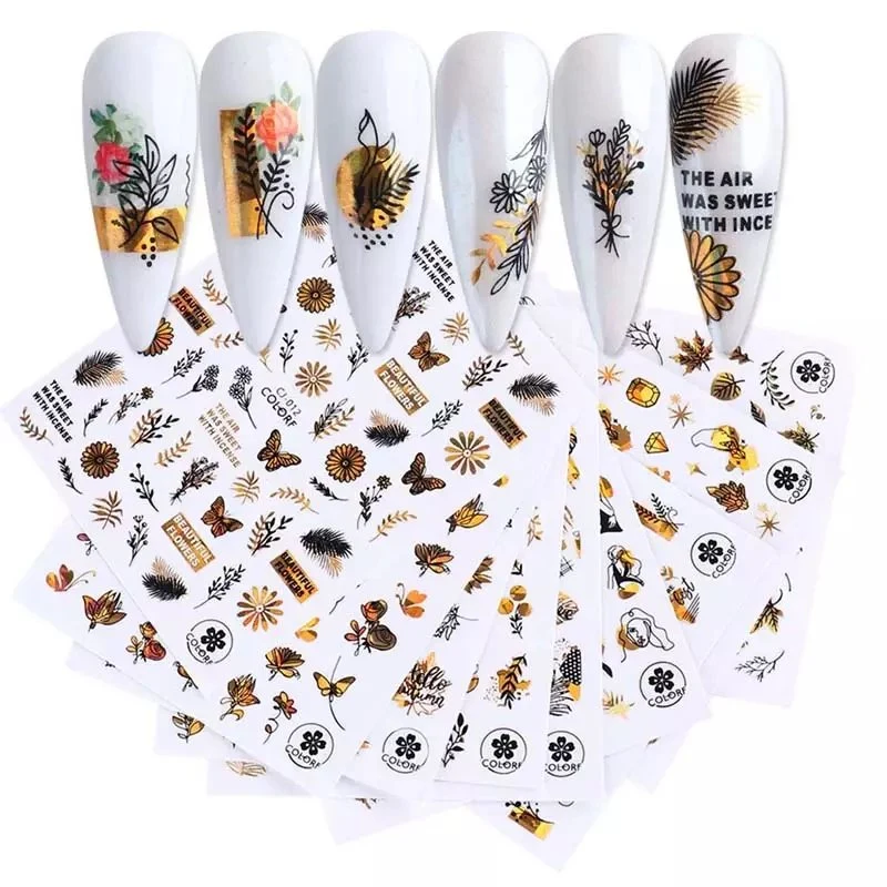 Hot Sale Bronzing Laser Gold Nail Stickers Plant Marple Leaf Butterfly Abstract Face Flowers Nail Decals