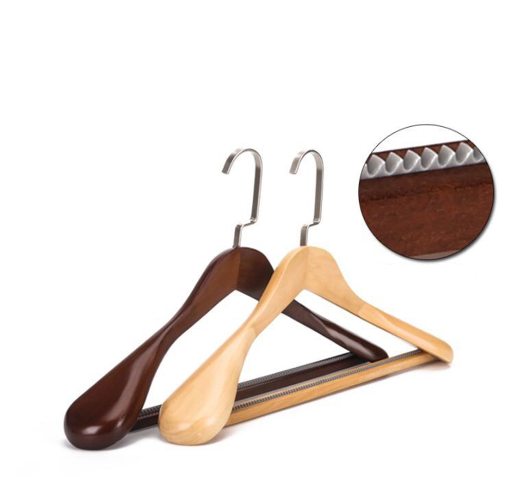 Wooden Top Clothes Hangers in Natural/Brown with Extra Wide Shoulders and Non Slip Bar for Suits/Coats