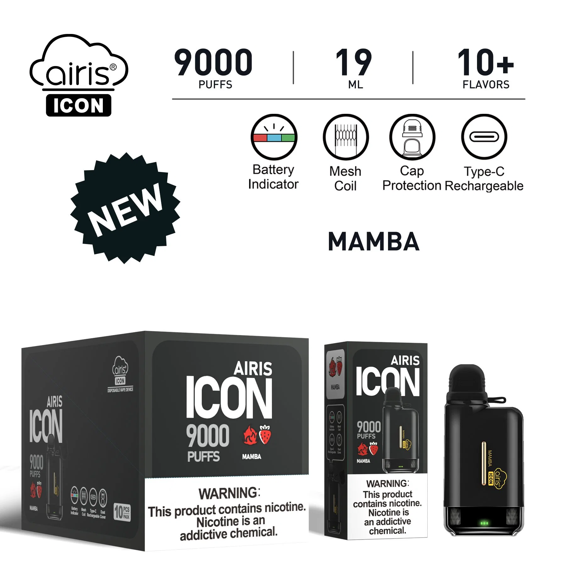 Airis icon 9000 أطواق Vape Pod يمكن التخلص منه بعد الاستخدام 20 مل قابلة لإعادة الشحن جهاز Vape