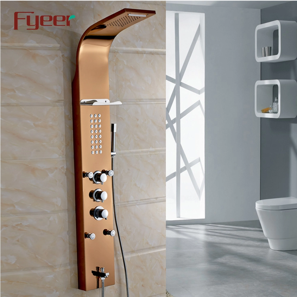 Fyeer Modern Wall Column Stainless Steel Thermostatic Shower Panel with Metal Shelf