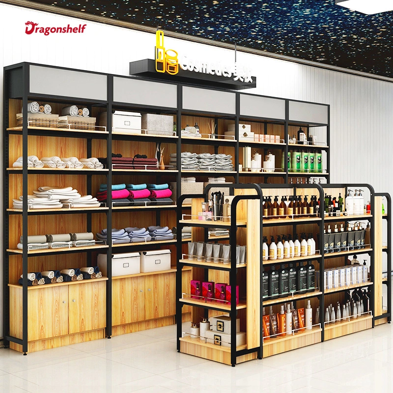 Wood and Steel Shelf Supermarket Equipment with Wooden Shelf with Light Box