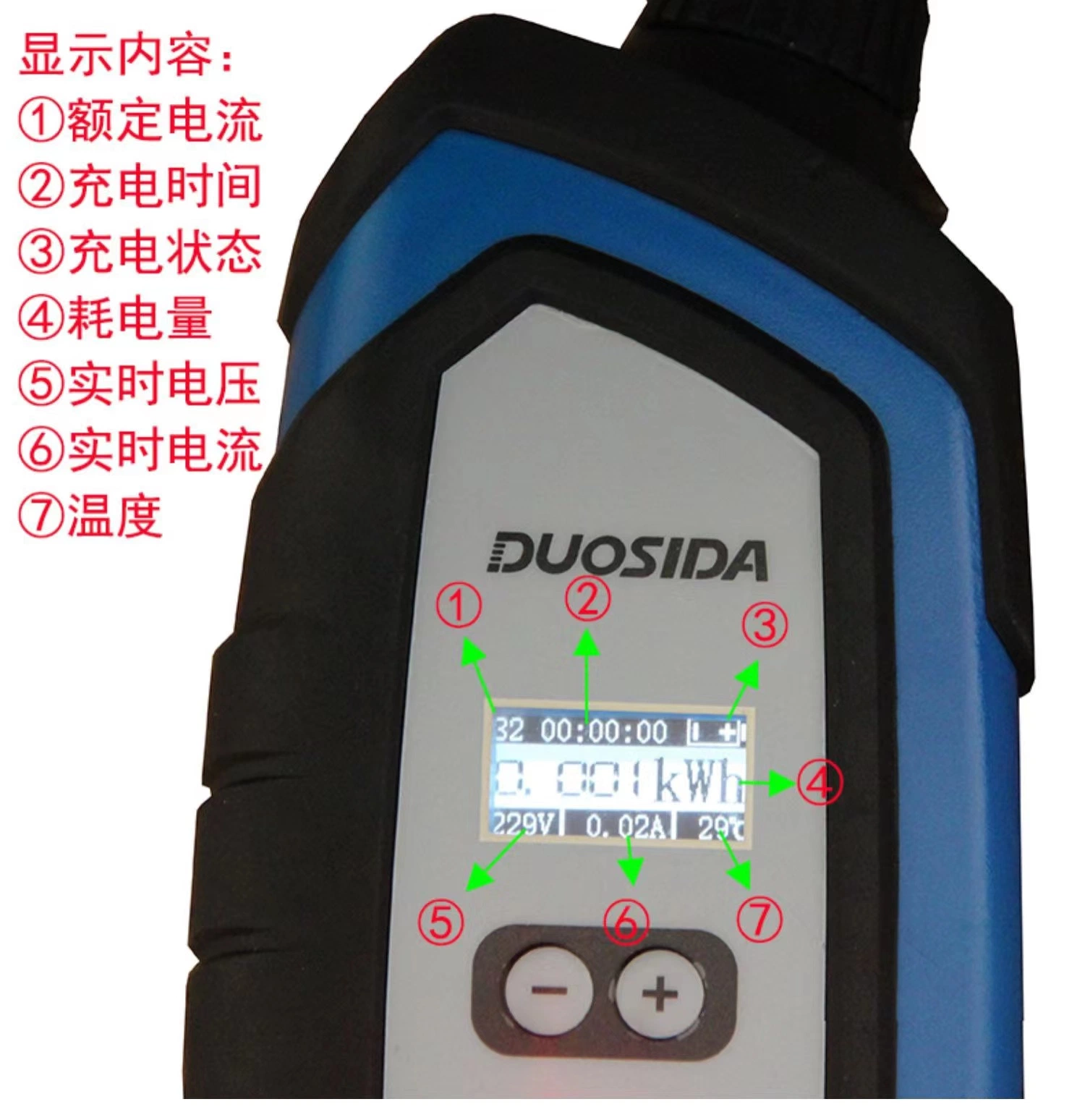 High Performance Portable EV Charger Duosida 32A with Colorful LED Display Screen