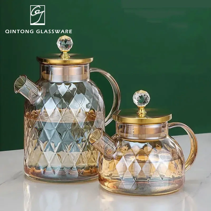 Factory 34oz 1000ml Amber Diamond Texture Luxury Clear Borosilicate Glass Water Tea Glass Jug Kettle for Families