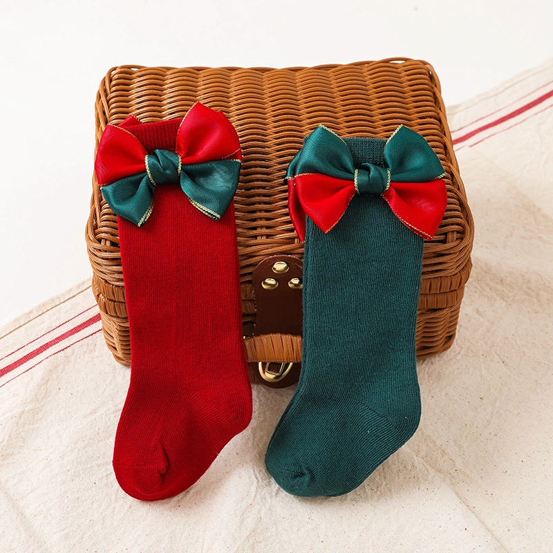 New Baby Christmas Socks Kids Girls Big Bow Red Knee High Long Socks Soft Cotton Children Sock Newborn Gift Socken for 0-5 Years