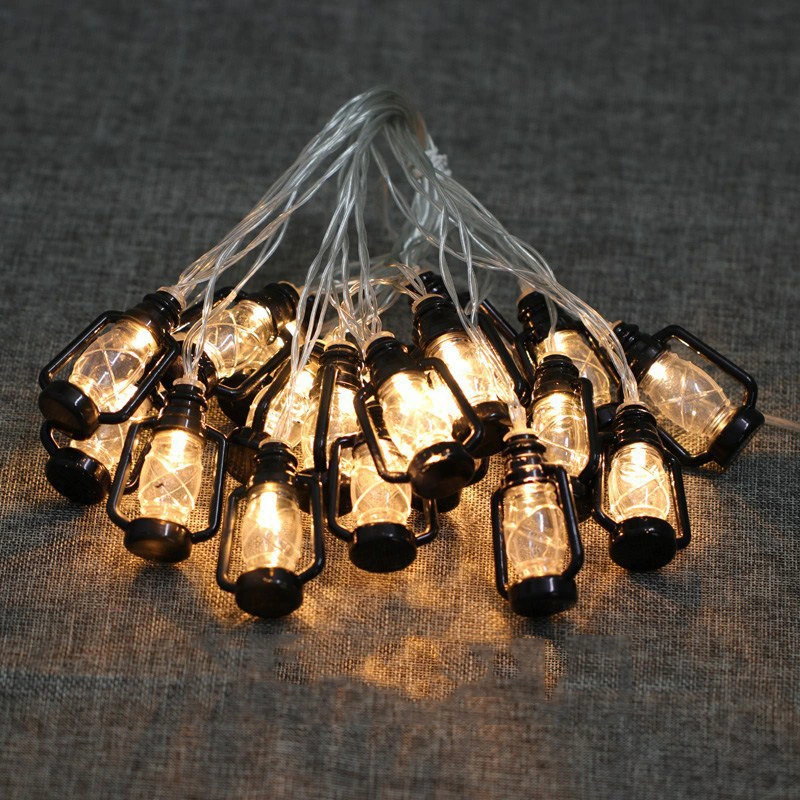 10 LED Lantern String Lights Mini Black Kerosene Lamps for Indoor Outdoor Camping Patio Garden Holiday Home Ramadan Wedding Party Decoration