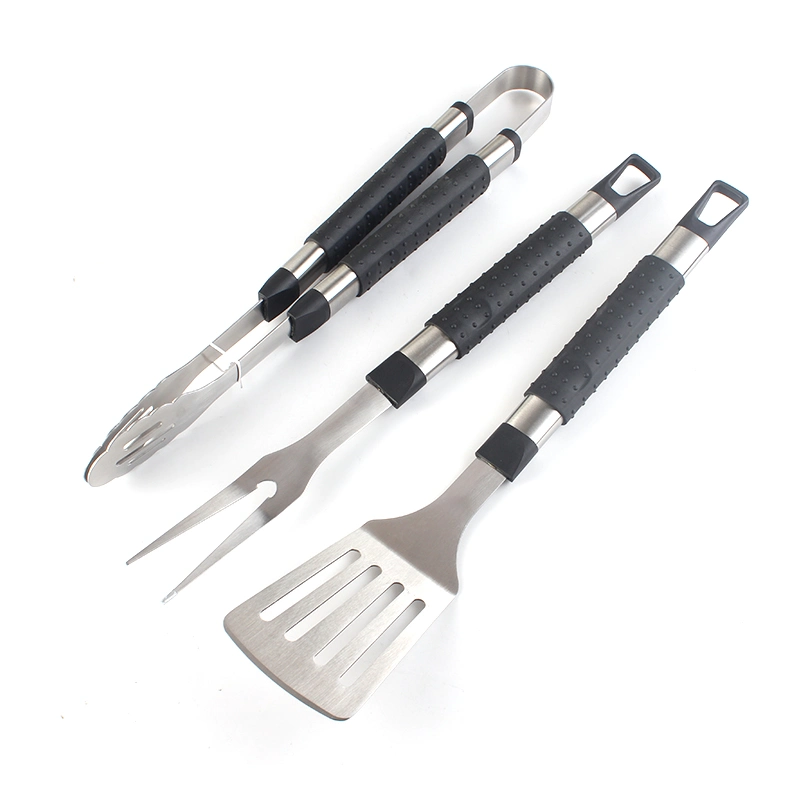 Conjunto de ferramentas para churrasco doméstico para exterior em aço inoxidável de 3 peças Utensílios com pega antiderrapante