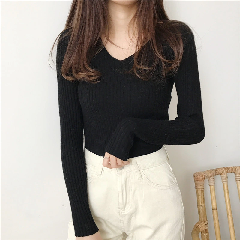 Women Autumn and Winter V-Neck Knitwear Top Slim Fit Bottom Sweater