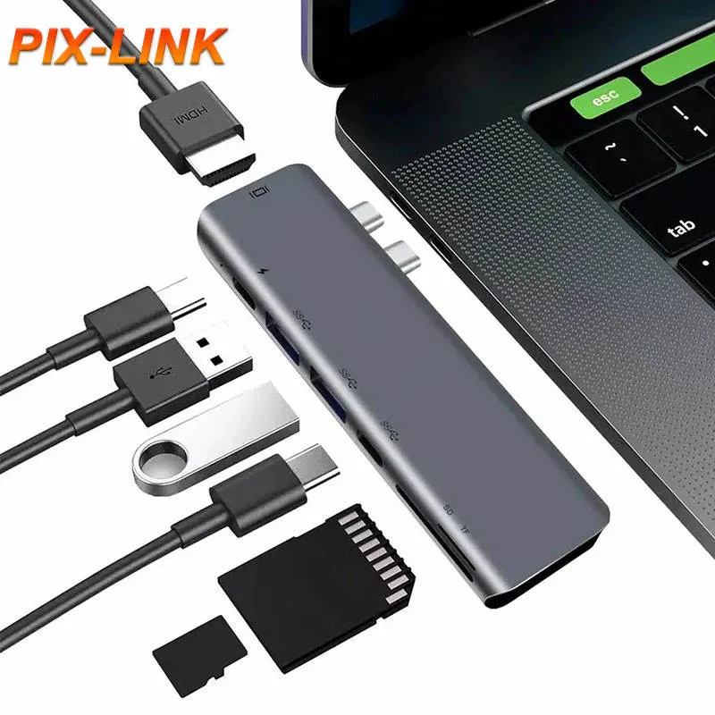 Carregador de base USB-C duplo tipo C de 7 em 1, carregamento PD Adaptador de estação de ancoragem com extensão para computador portátil com cartão SD/TF para MacBook