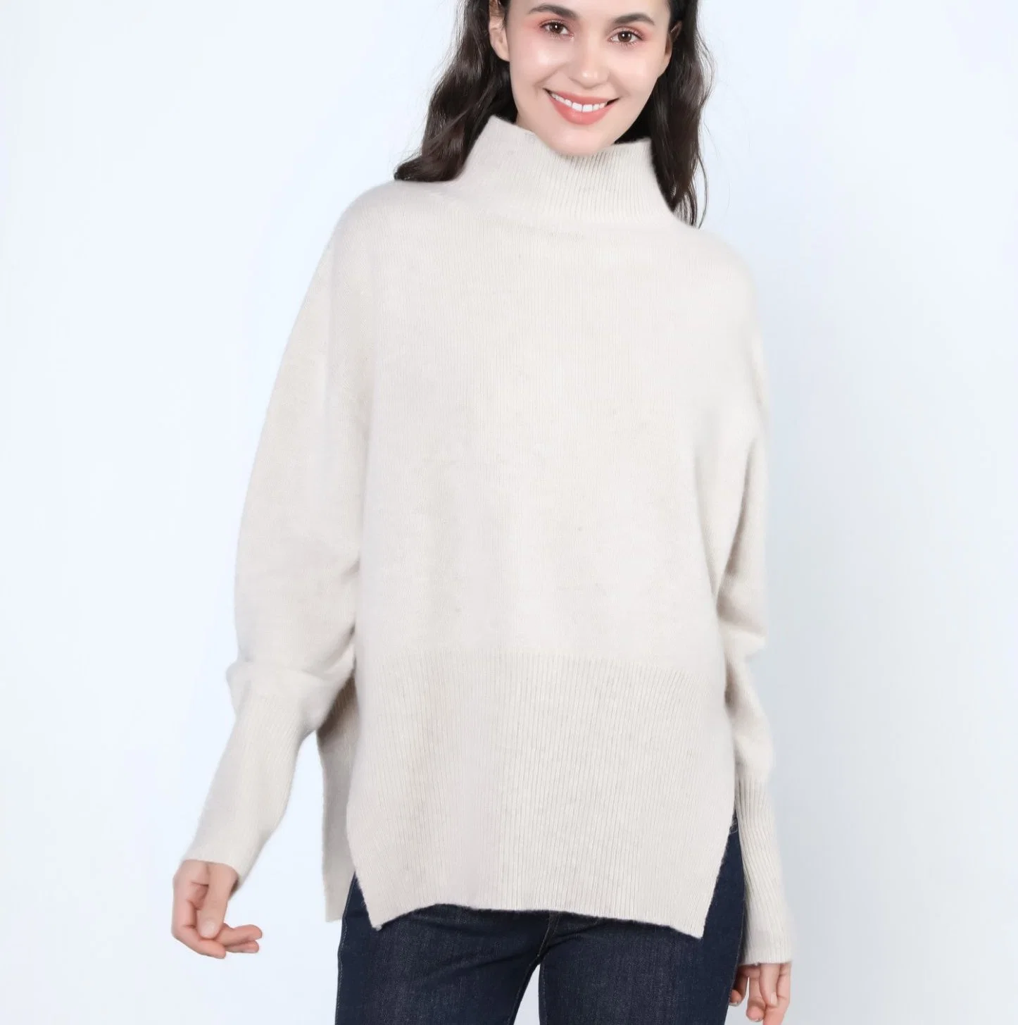 Fenda longa Senhoras fashion Turtleneck Cashmere Pulôver suéter