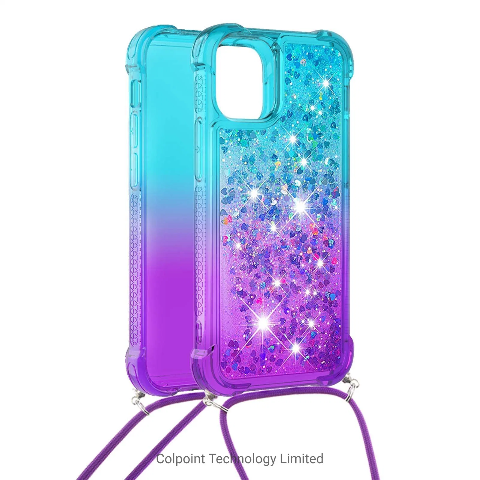 Gradient Quicksand Series Glitter Flowing TPU Liquid Flowing Case with Strap for iPhone 13 Mini 5.4 Inch - Sky Blue Purple