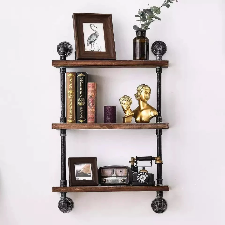 Industrial Pipe Shelving Wall Mounted, Rustic Metal Floating Shelves, Steampunk Real Wood Book Shelves, Wall Shelf Unit
