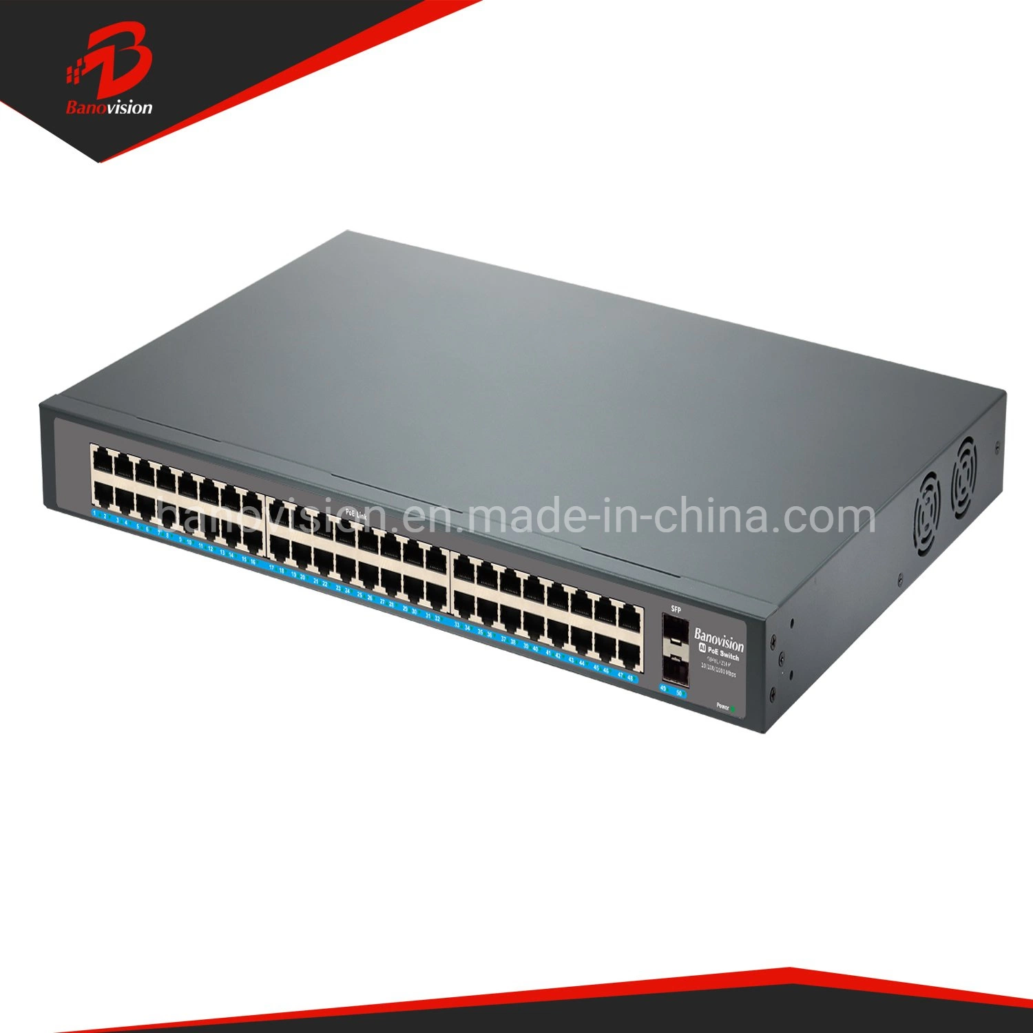 Banovision Guardián Ai 48 puertos Gigabit Ethernet Poe Switch con 2 puertos SFP, No administrado 48 Puertos Poe+ Conmutador de red, Rackmout