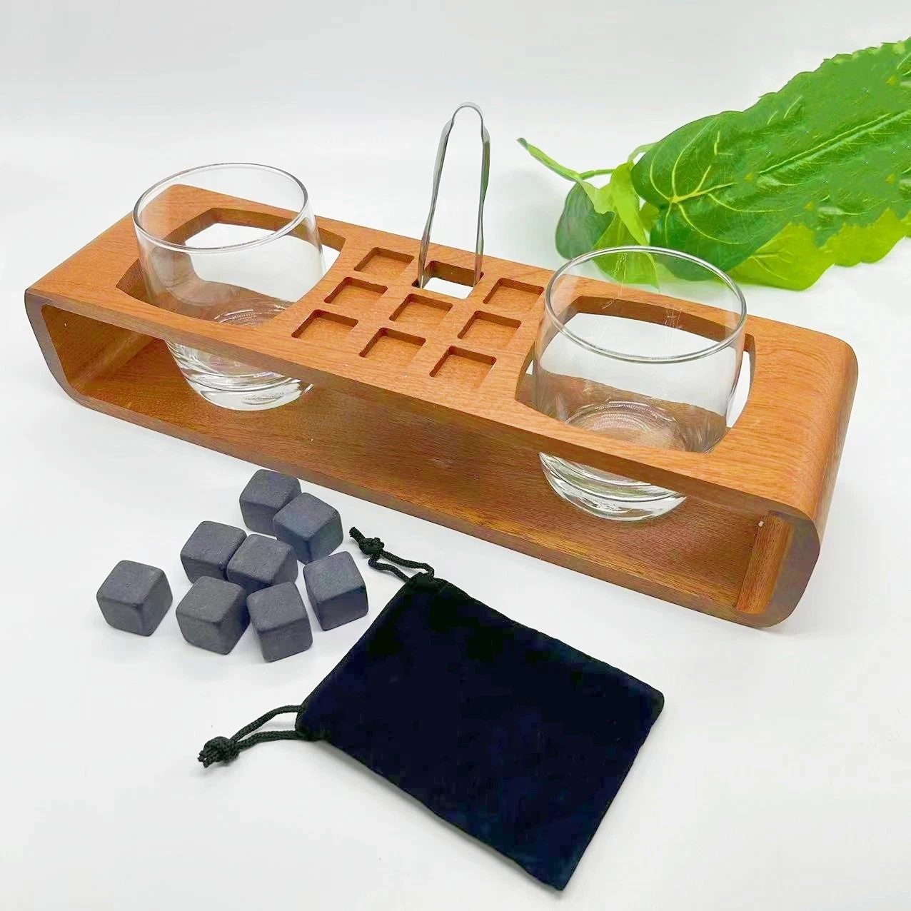 Whiskey Stones Gift Set Granite Dice Ice Cube with Glass and Wooden Rack