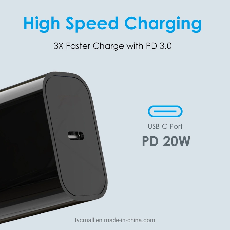 Venta en caliente PD 20W Tipo C Puerto Casa de viaje Cargador de pared adaptador de corriente de carga rápida - conector macho Au/negro