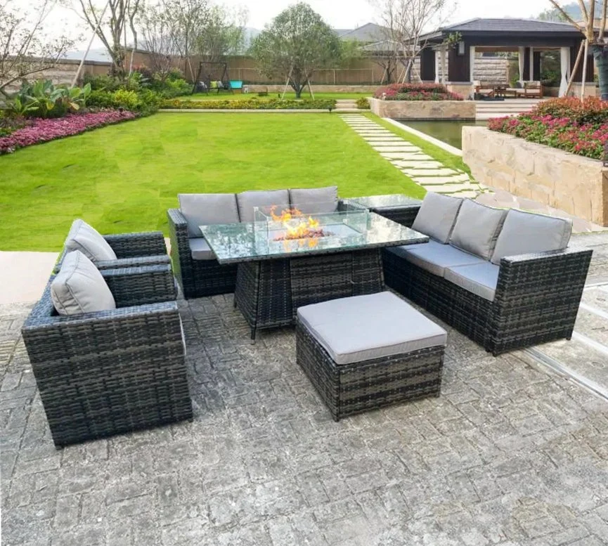 Outdoor Patio Rattan Garden 8-Seater Fire Pit Dining Set Furniture