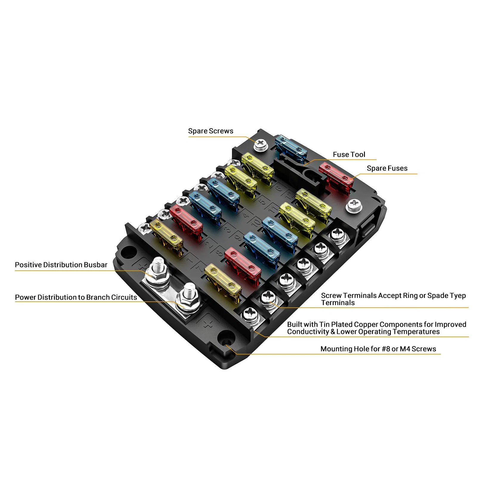 Edge Af12 12-Way Atc/ATO Fuse Block, 12-Circuit Power Block for Car RV Truck Boat UTV/ATV, Bolt Terminals, 24PCS Fuses, Screws, Fuse Tool & Sticker Labels