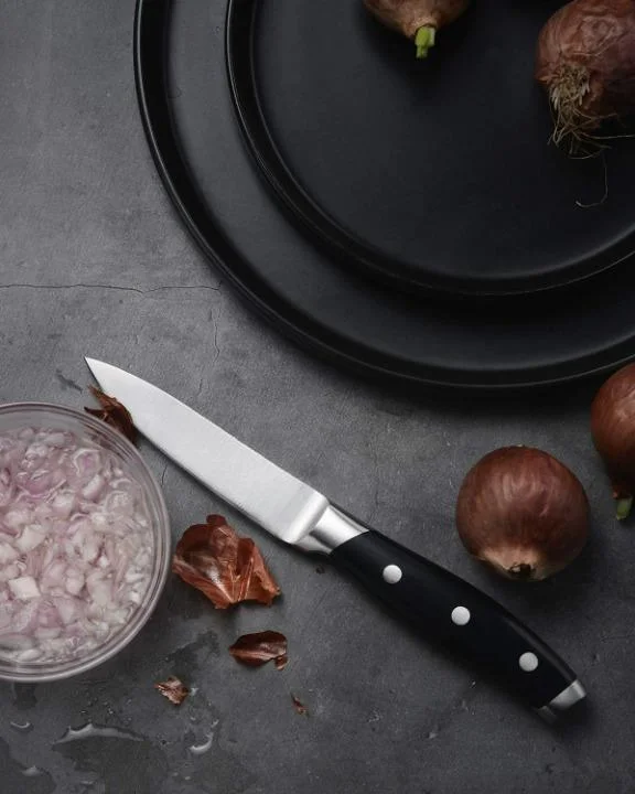 Fruta de Paring cuchillo pequeño de cocina Acero inoxidable forjado de carbono afilado Tang. Lleno