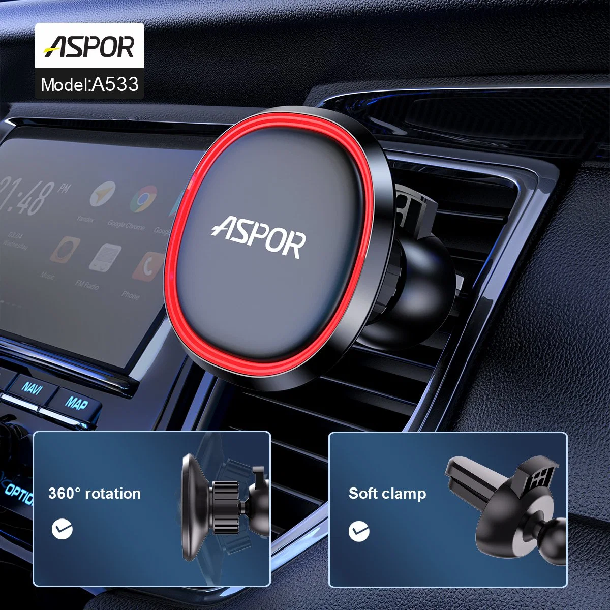 Soporte para coche soporte para teléfono con un plástico+ Material de silicona con una clara visión de Aspor