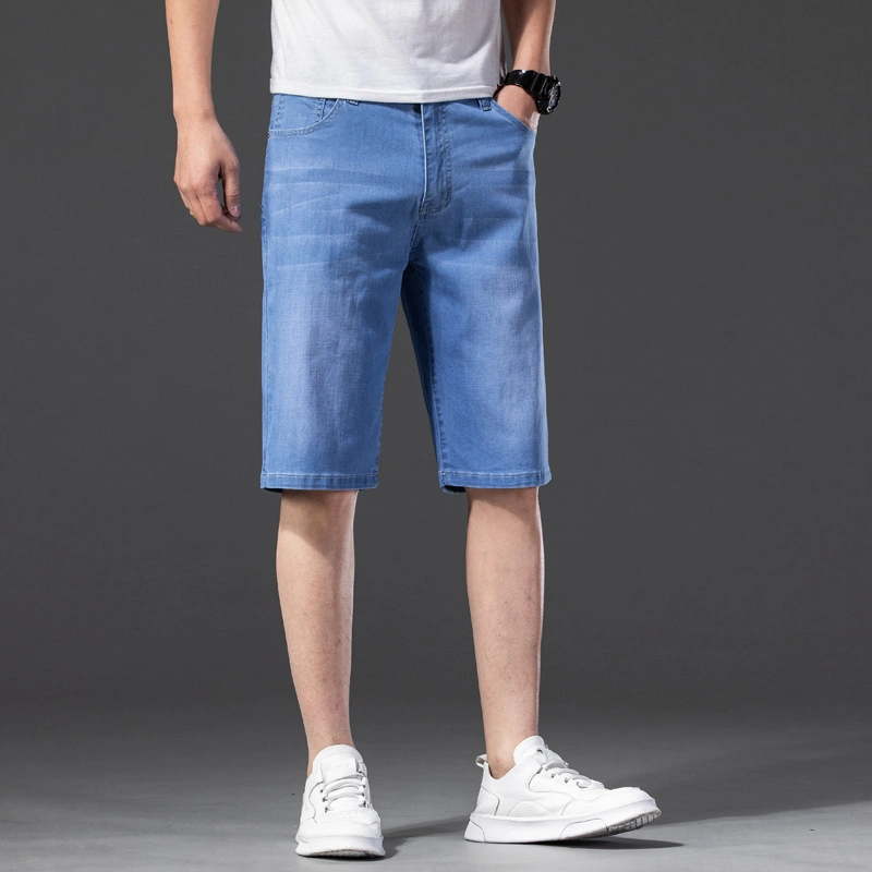 2022 marca el verano estirar fina de algodón Denim Jeans Bermudas Masculina los hombres la longitud de la rodilla cortos suave