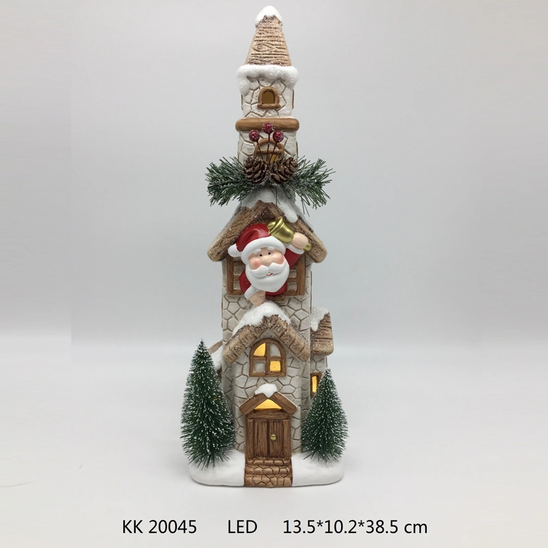 Declicate Ceramic Chimmy House, Snowing Christmas Village Crafts with LED for Home Decoration