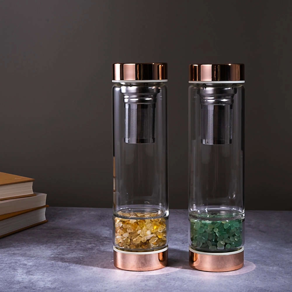 Mystery Cure Borosilikatglas Standalone Crystal Room Glas Wasserflasche Set mit Kristallsteinen und Tee Infusion