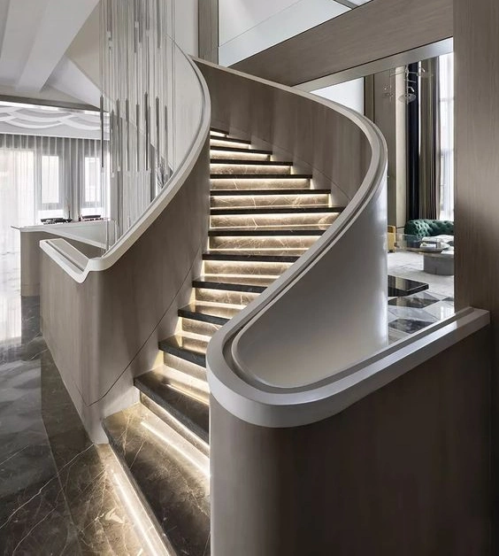 Curved Staircase Glass Railing Steel Spiral Staircase Design Au Standard LED Light Wood Stairs