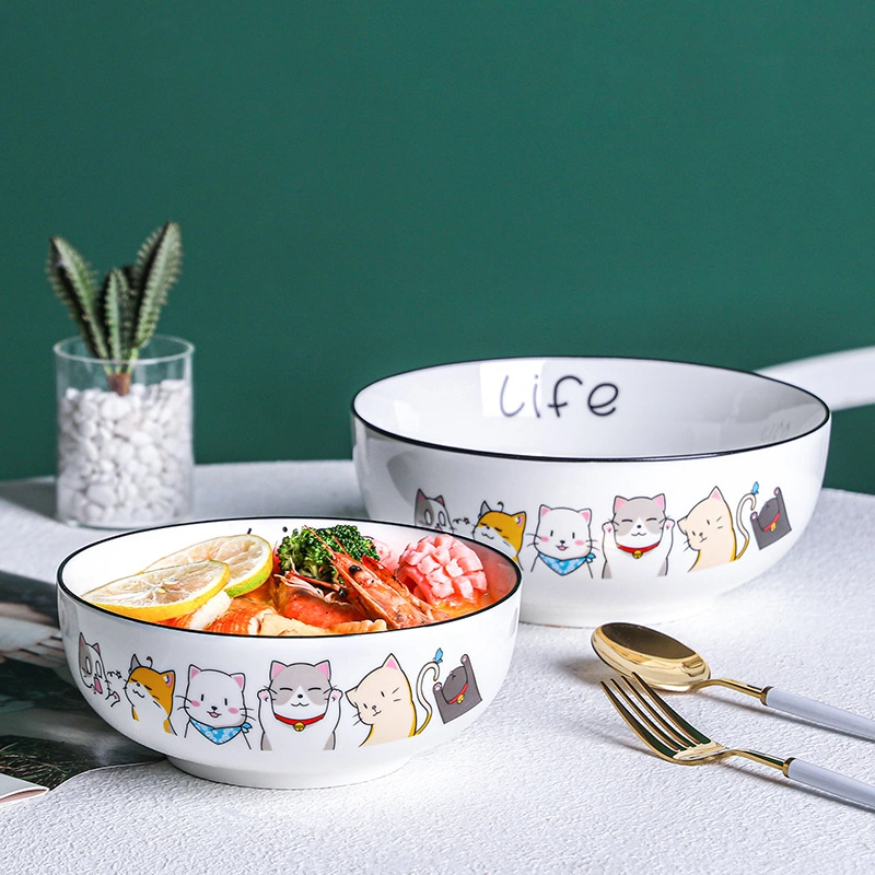 New Bone China Salad Fruit Bowl Cereal Bowl Japanese Style Soup Bowl Ramen Bowl Children Tableware Cartoon Ceramic Household Tableware Factory Direct Sales