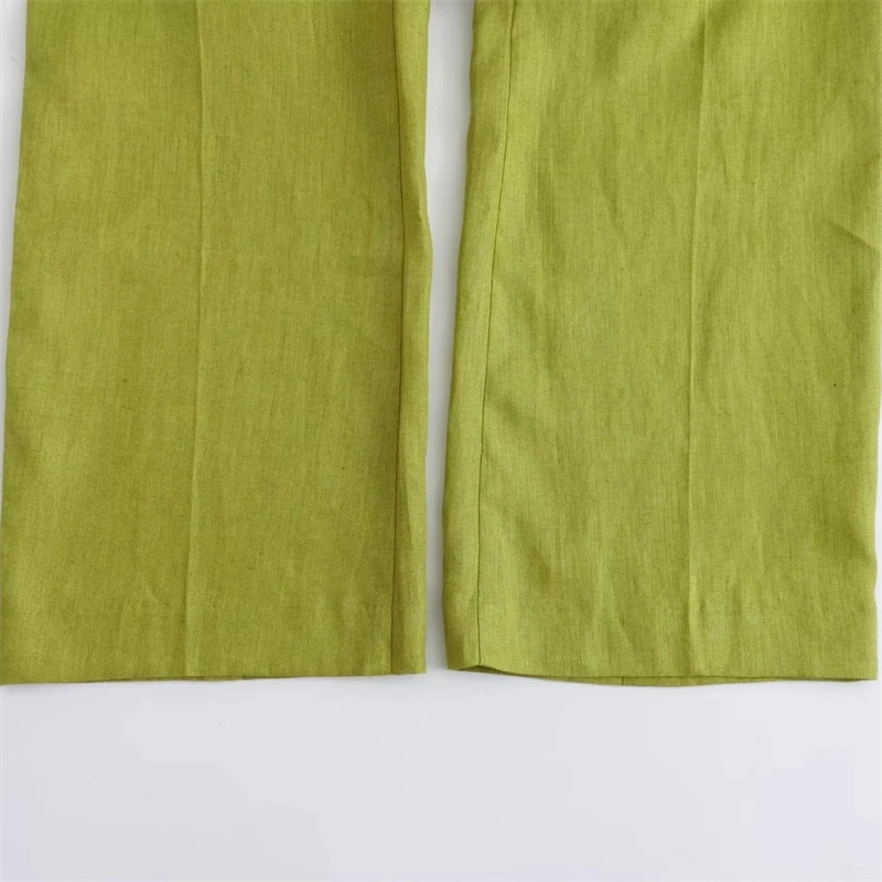 2023 Autumn New Pajama Style Linen High Waist Trousers Olive Green Elastic Waist Beaded Casual Pants