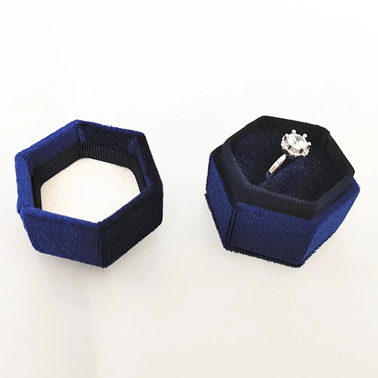 Double Rings Smooth Silk Velvet Dark Blue Custom Jewelry Box in Stock