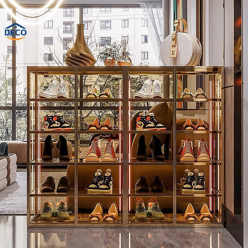 Meuble de salon en verre de luxe, porte d'entrée vitrine d'exposition pour chaussures avec étagère à chaussures et éclairage LED