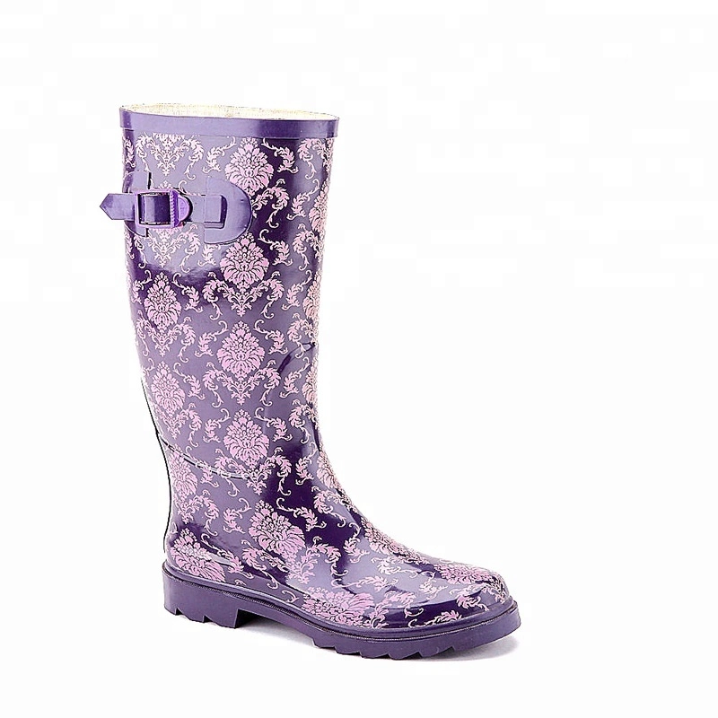 Hotsale Personalized Matt Finish Shine Fancy Pattern Printing Rubber Thigh High Heel Ladies Wellies Rain Boots Online