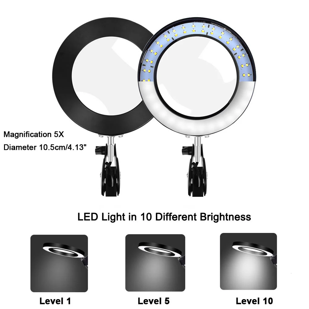 Bras long de pliage du métal au plancher de verre grossissant lumineux lampe loupe 5X ONGLES Lampadaire