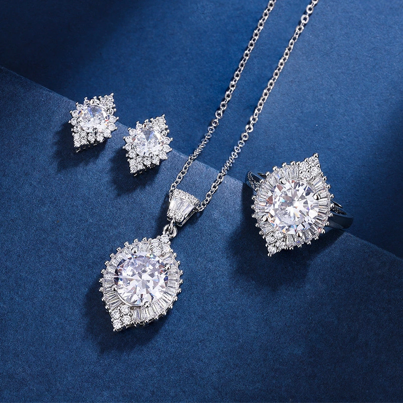 Cross-Border Three-Piece Set Simple Fashion Temperament High-Grade Sense of 4 Carat Zircon Pendant Ring Earrings Women Luxury Jewelry